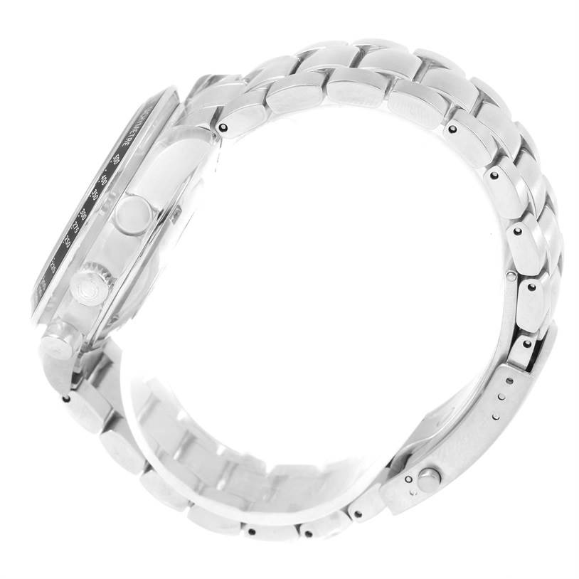 This image shows a side view of the Omega Speedmaster 3210.52.00 Men
s Stainless Steel Black Dial 3210.52.00 Men
s Stainless Steel Black Dial watch, focusing on the case, bezel, and bracelet.