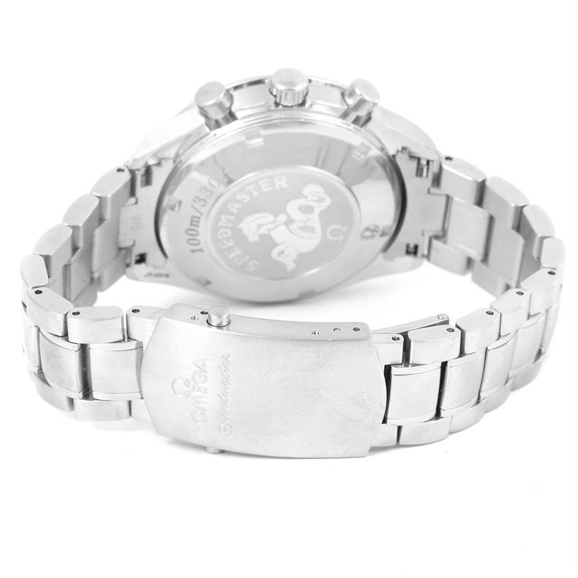 The image shows the back case and clasp of an Omega Speedmaster 3210.52.00 Men
s Stainless Steel Black Dial 3210.52.00 Men
s Stainless Steel Black Dial watch from a rear angle.