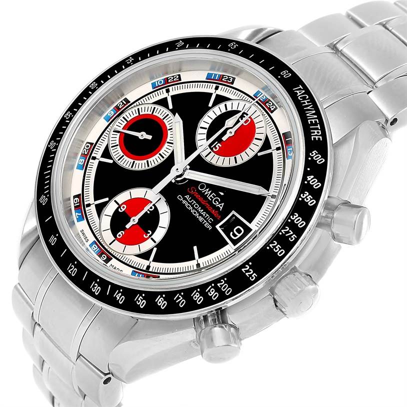 The Omega Speedmaster 3210.52.00 Men
s Stainless Steel Black Dial 3210.52.00 Men
s Stainless Steel Black Dial watch is shown from a three-quarter view, highlighting the dial, tachymeter bezel, and bracelet.