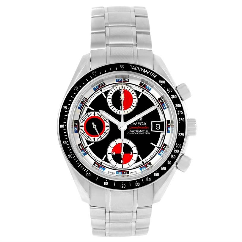 The image shows a front view of an Omega Speedmaster 3210.52.00 Men
s Stainless Steel Black Dial 3210.52.00 Men
s Stainless Steel Black Dial watch, displaying the dial, case, and metal bracelet.