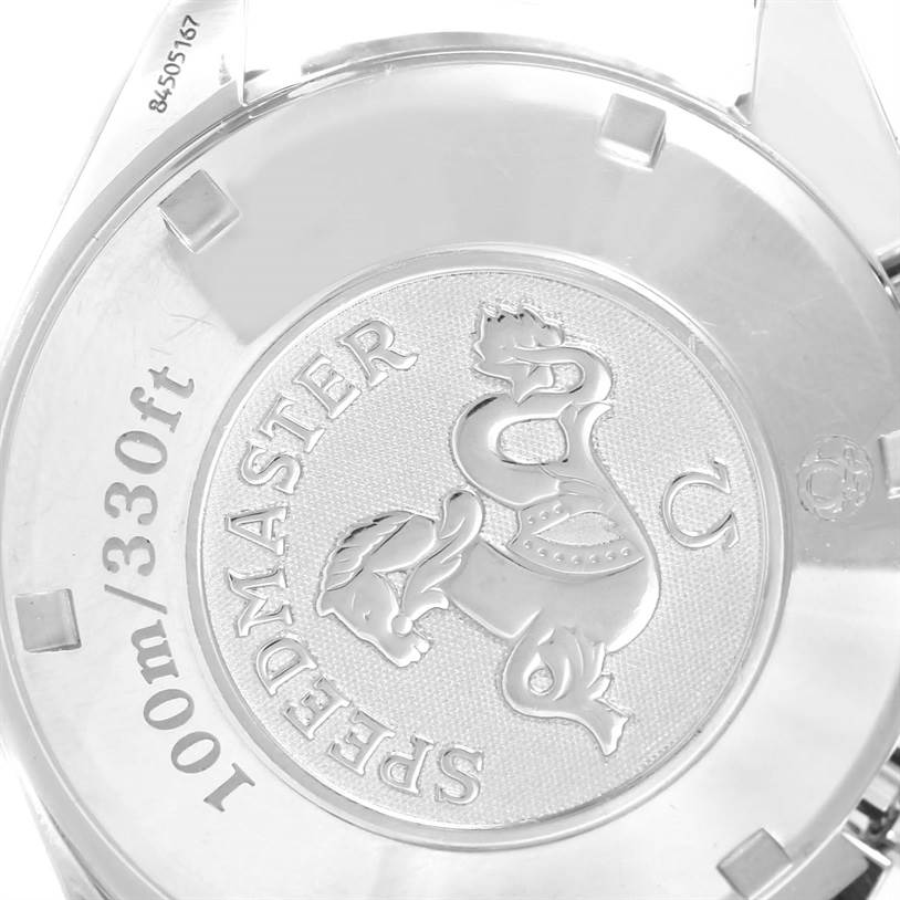 The image shows the case back of an Omega Speedmaster 3210.52.00 Men
s Stainless Steel Black Dial 3210.52.00 Men
s Stainless Steel Black Dial watch, featuring the Speedmaster logo and 100m/330ft water resistance mark.