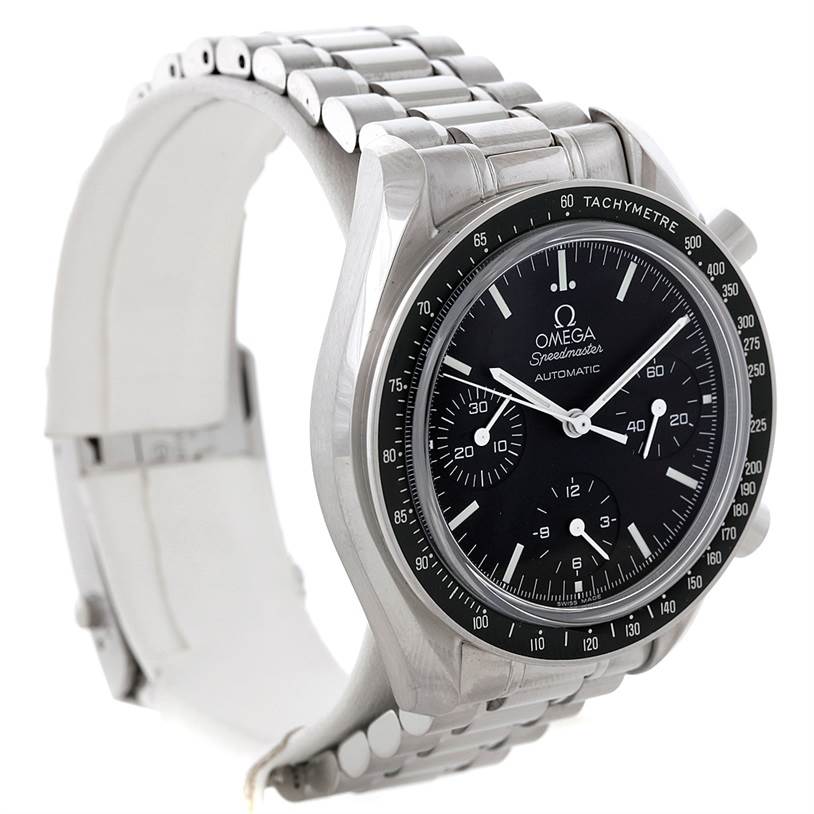 The image shows an Omega Speedmaster 3539.50.00 Men's Stainless Steel Black Dial 3539.50.00 Men's Stainless Steel Black Dial watch taken from a left-front angle, highlighting the bracelet, case, and dial with tachymeter.
