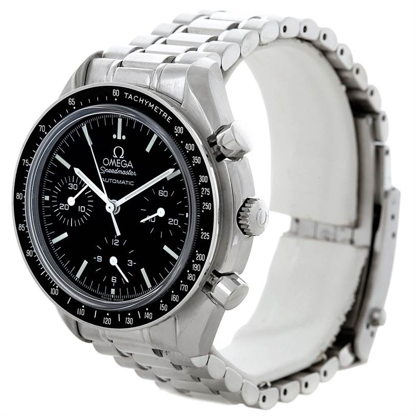The image shows an Omega Speedmaster 3539.50.00 Men's Stainless Steel Black Dial 3539.50.00 Men's Stainless Steel Black Dial watch at a three-quarter angle, highlighting the case, dial, pushers, and metal bracelet.