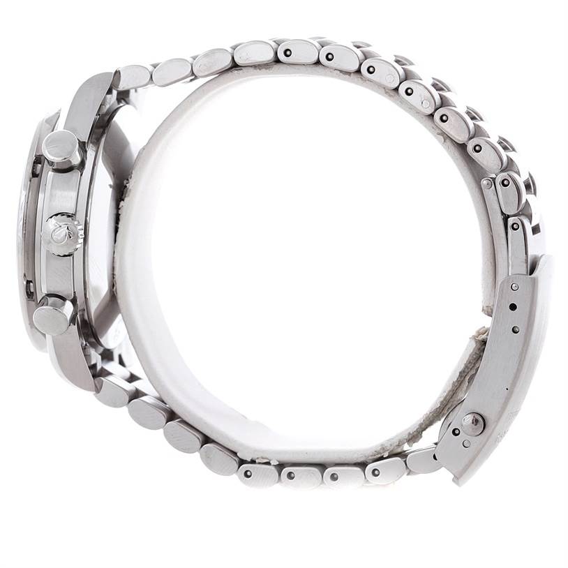 This image shows a side view of the Omega Speedmaster 3539.50.00 Men's Stainless Steel Black Dial 3539.50.00 Men's Stainless Steel Black Dial watch, highlighting the crown, pushers, and metal bracelet.