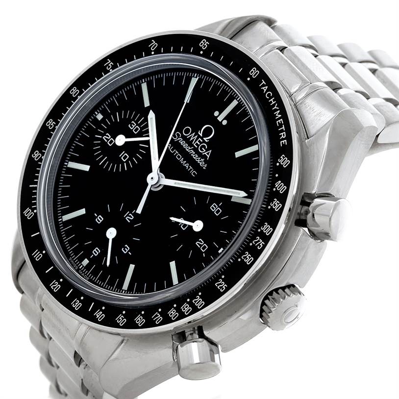 The Omega Speedmaster 3539.50.00 Men's Stainless Steel Black Dial 3539.50.00 Men's Stainless Steel Black Dial watch is shown at a tilted angle, highlighting its dial, tachymeter bezel, subdials, and stainless steel bracelet.
