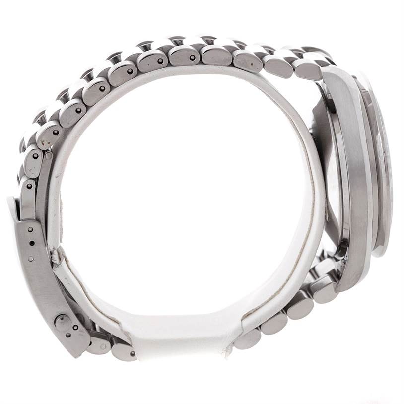 The Omega Speedmaster 3539.50.00 Men's Stainless Steel Black Dial 3539.50.00 Men's Stainless Steel Black Dial watch is displayed from a side angle, showcasing its metal bracelet and case profile.