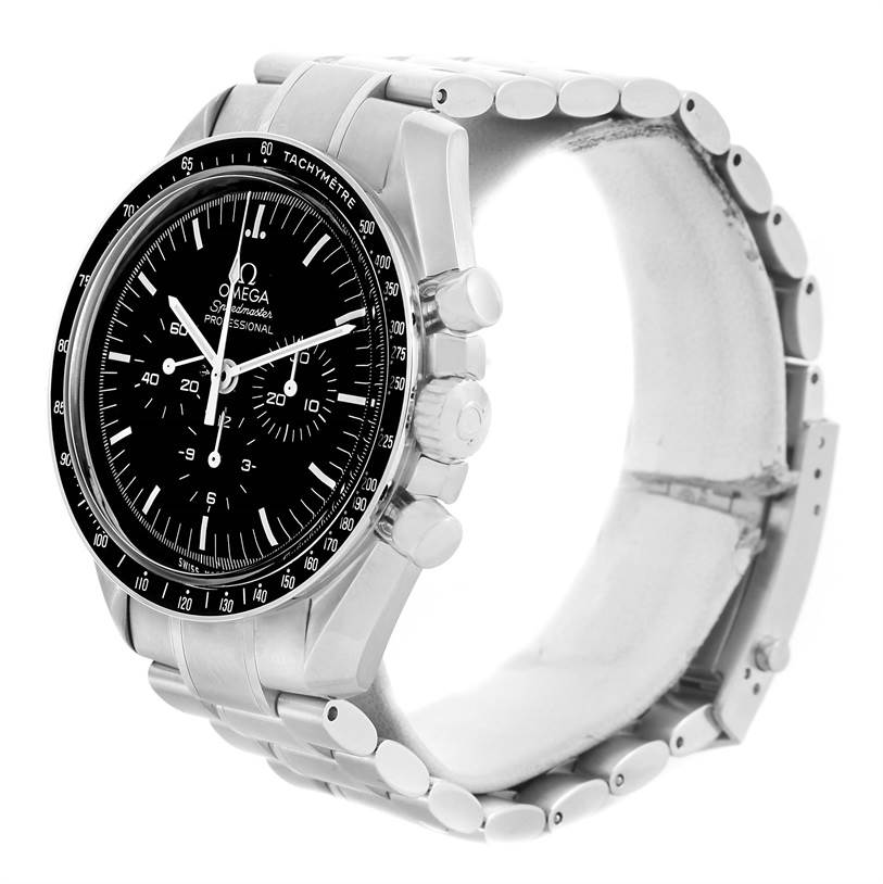 This image shows a side angle of the Omega Speedmaster 3570.50.00 Men
s Stainless Steel Black Dial 3570.50.00 Men
s Stainless Steel Black Dial watch, displaying its dial, bezel, crown, and pushers.
