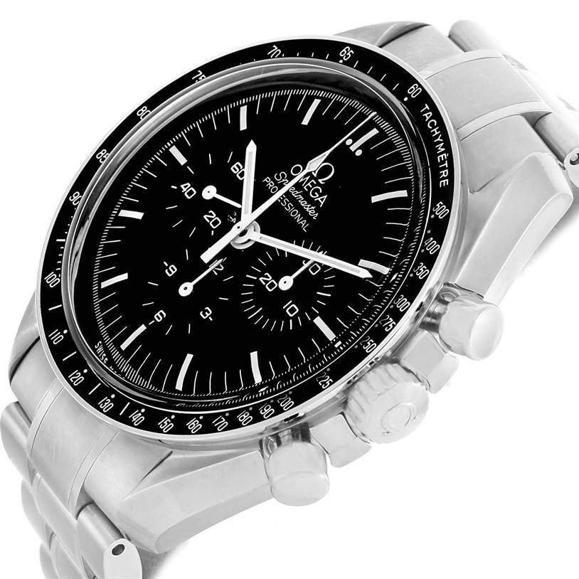 The image shows an Omega Speedmaster 3570.50.00 Men
s Stainless Steel Black Dial 3570.50.00 Men
s Stainless Steel Black Dial watch at an angled close-up, highlighting the dial, bezel, pushers, and crown.