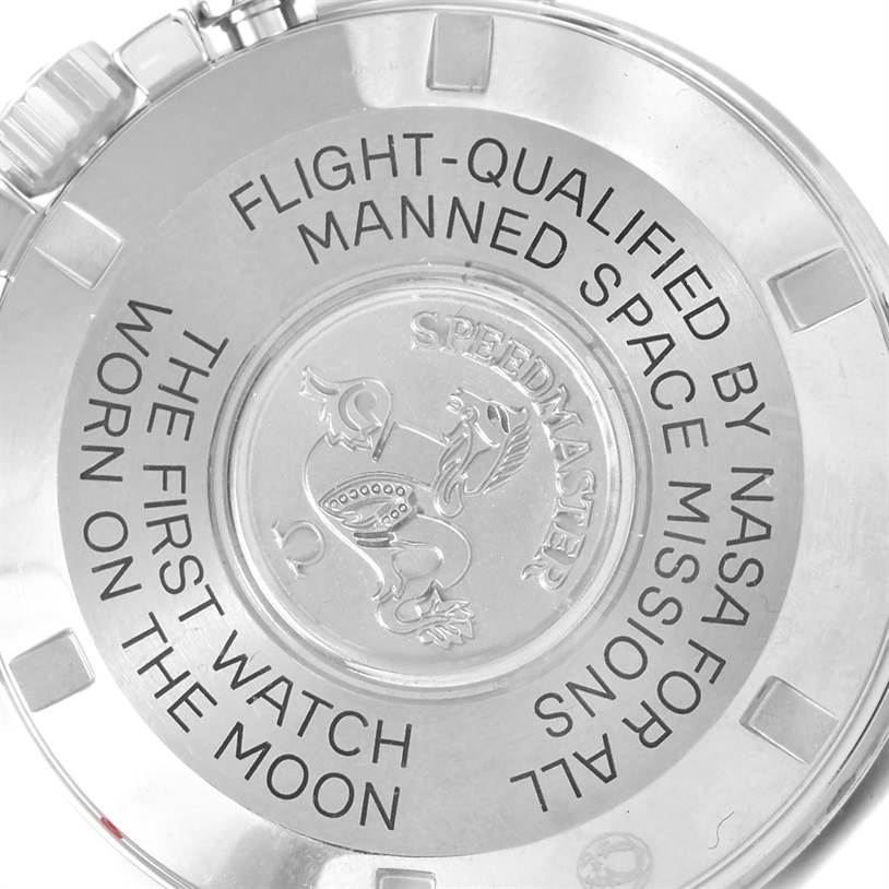 This image shows the engraved case back of an Omega Speedmaster 3570.50.00 Men
s Stainless Steel Black Dial 3570.50.00 Men
s Stainless Steel Black Dial watch.