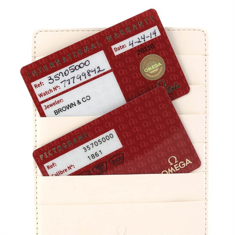 The image shows the warranty and pictograms cards for an Omega Speedmaster 3570.50.00 Men
s Stainless Steel Black Dial 3570.50.00 Men
s Stainless Steel Black Dial watch in a card holder.