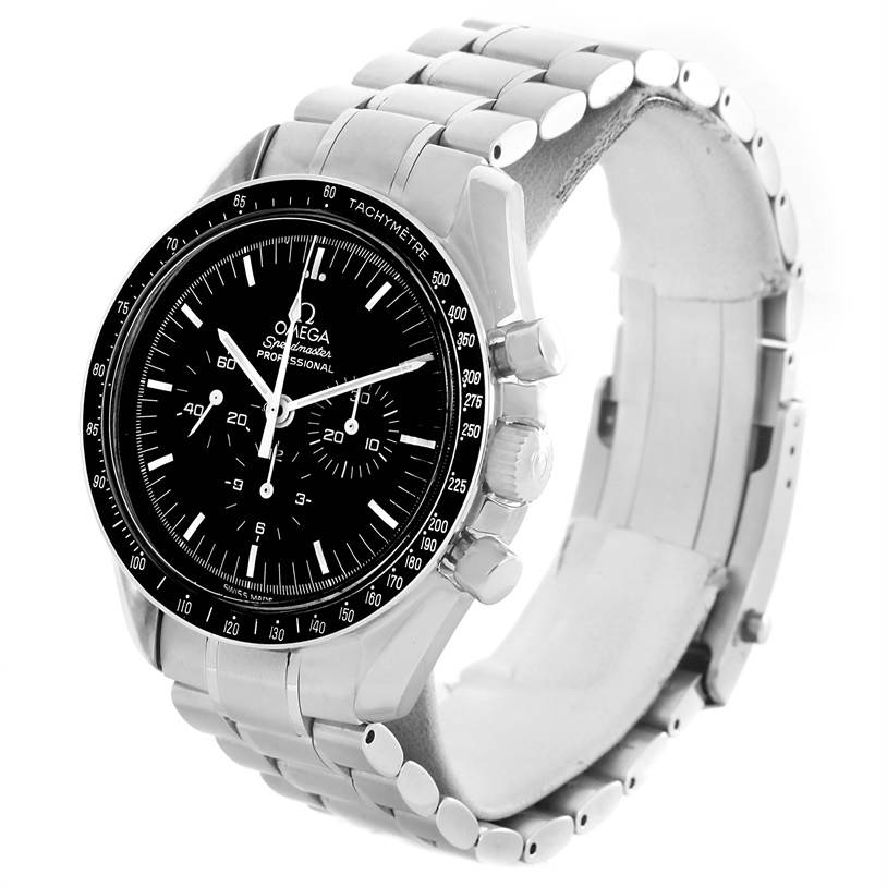 The Omega Speedmaster 3570.50.00 Men
s Stainless Steel Black Dial 3570.50.00 Men
s Stainless Steel Black Dial watch is shown at a three-quarter angle, displaying the face, bezel, crown, pushers, and part of the bracelet.