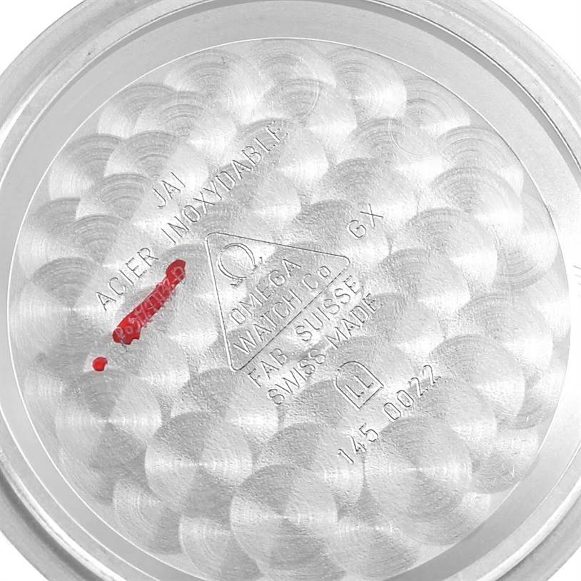 This image shows the interior case back of an Omega Speedmaster 3570.50.00 Men
s Stainless Steel Black Dial 3570.50.00 Men
s Stainless Steel Black Dial watch, displaying manufacturing details and serial numbers.