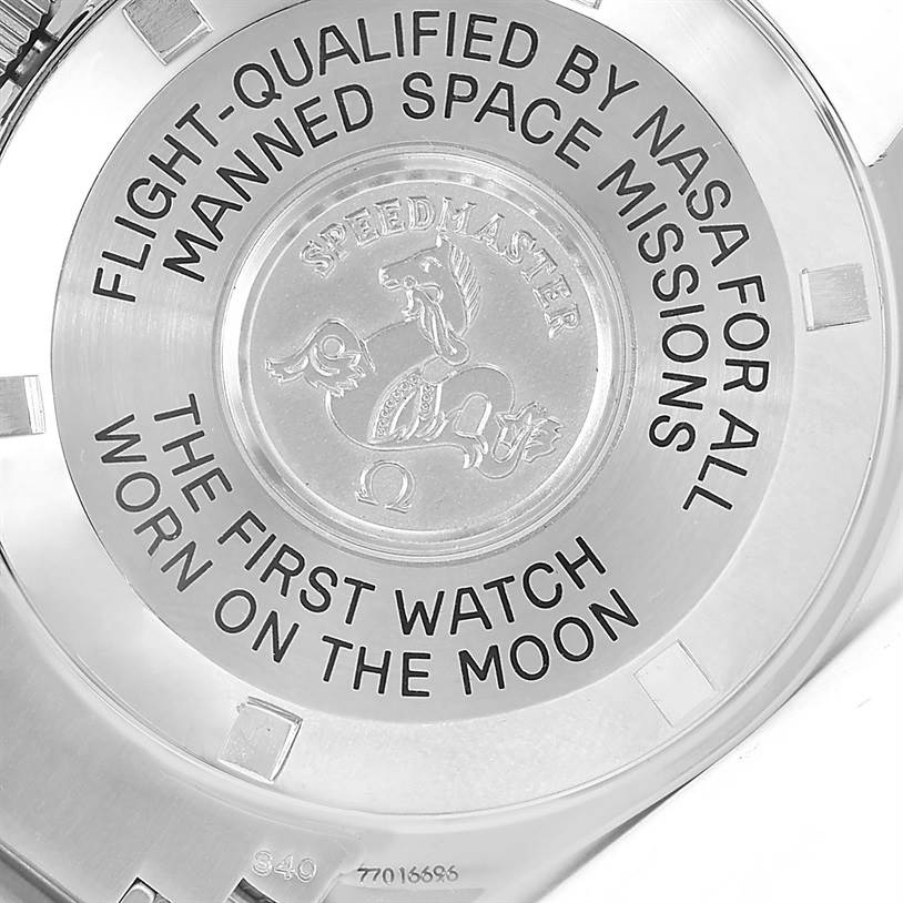 The image shows the back case of the Omega Speedmaster 3570.50.00 Men
s Stainless Steel Black Dial 3570.50.00 Men
s Stainless Steel Black Dial watch, highlighting its engravings and detail.