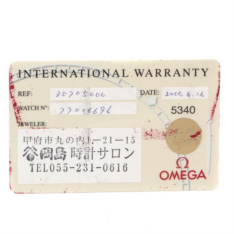 This image shows the International Warranty card for the Omega Speedmaster 3570.50.00 Men
s Stainless Steel Black Dial 3570.50.00 Men
s Stainless Steel Black Dial watch model, including reference and watch numbers.