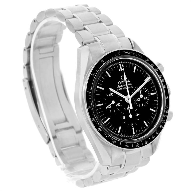 The image shows an Omega Speedmaster 3570.50.00 Men
s Stainless Steel Black Dial 3570.50.00 Men
s Stainless Steel Black Dial watch from a three-quarter angle, highlighting the black dial and stainless steel bracelet.
