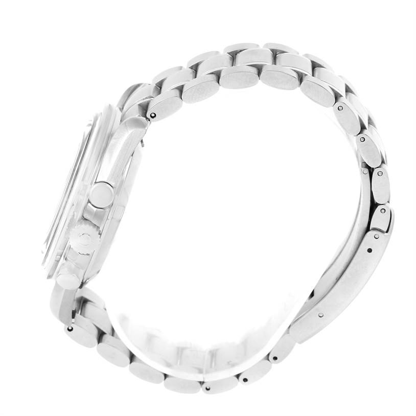 The image shows a side profile of the Omega Speedmaster 3570.50.00 Men
s Stainless Steel Black Dial 3570.50.00 Men
s Stainless Steel Black Dial watch, focusing on the bezel, crown, and metal bracelet.