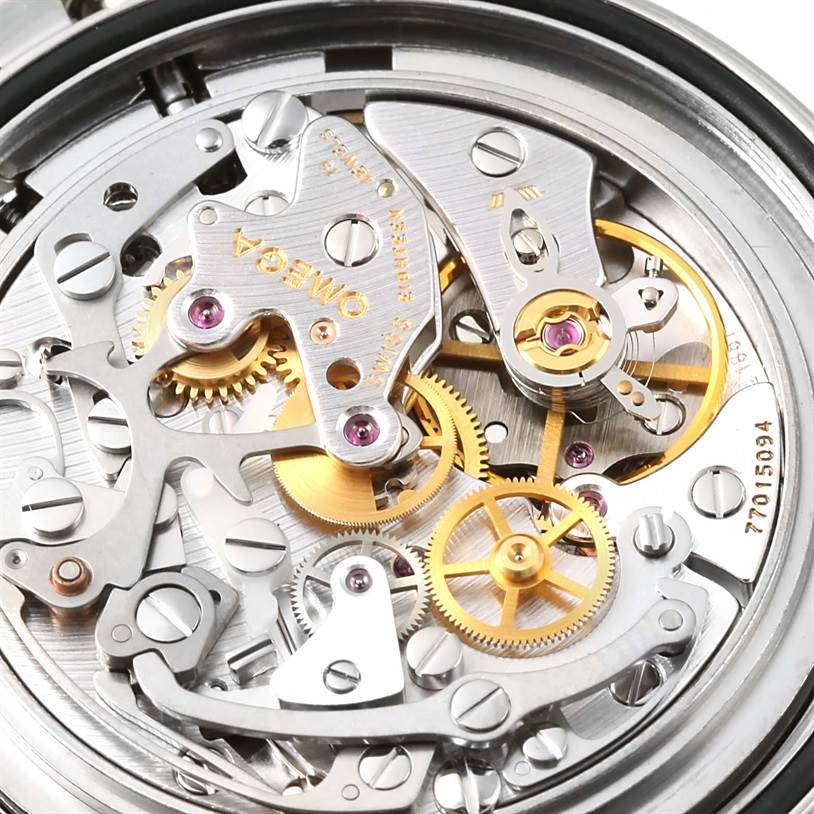 This image shows a close-up angle of the intricate movement and components inside an Omega Speedmaster 3570.50.00 Men
s Stainless Steel Black Dial 3570.50.00 Men
s Stainless Steel Black Dial watch.