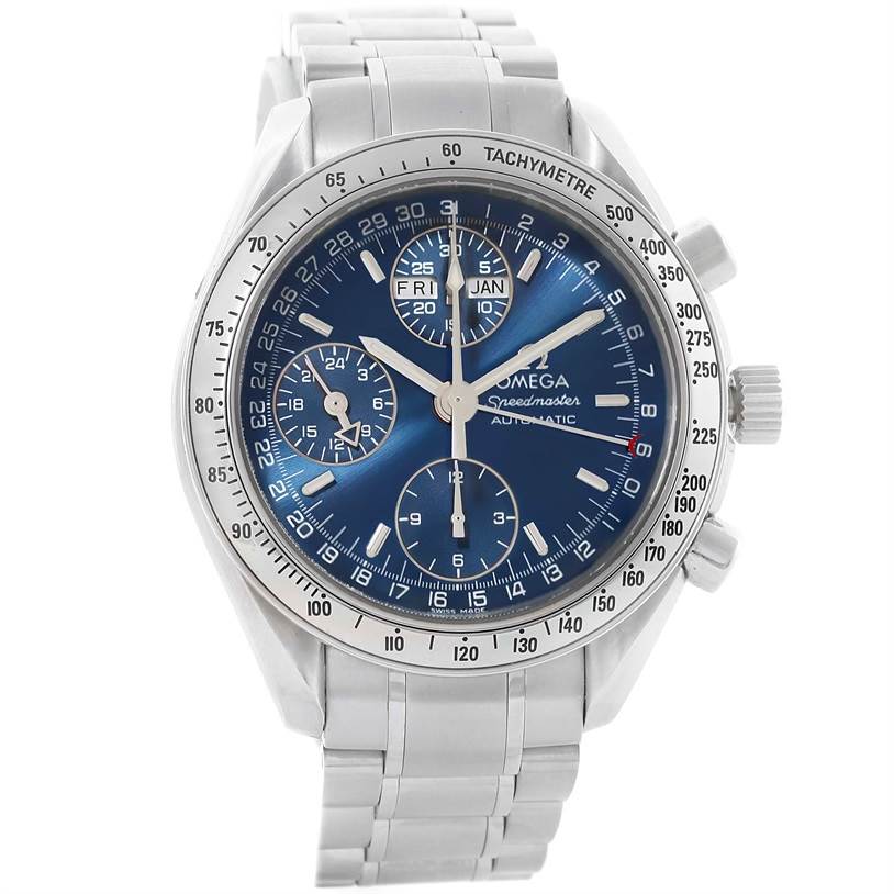 This image shows a front view of an Omega Speedmaster 3523.80.00 Men
s Stainless Steel Blue Dial 3523.80.00 Men
s Stainless Steel Blue Dial watch, displaying its blue dial, subdials, tachymeter bezel, and stainless steel bracelet.