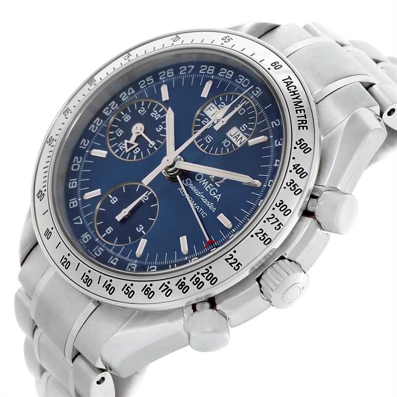 The Omega Speedmaster 3523.80.00 Men
s Stainless Steel Blue Dial 3523.80.00 Men
s Stainless Steel Blue Dial watch is shown at a slight angle, highlighting the face, bezel, pushers, and part of the bracelet.