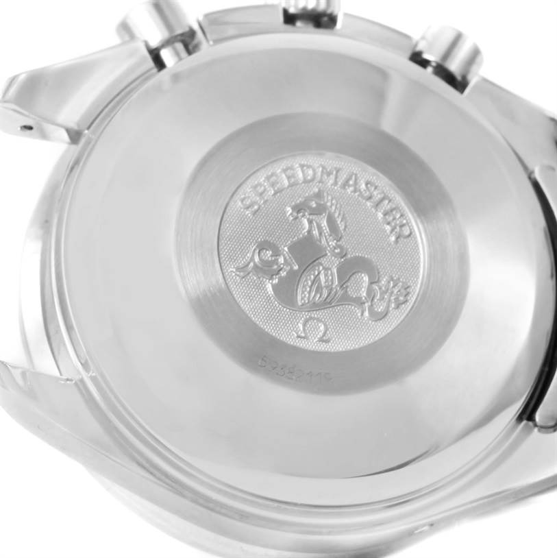 This image shows the back case of an Omega Speedmaster 3523.80.00 Men
s Stainless Steel Blue Dial 3523.80.00 Men
s Stainless Steel Blue Dial watch, featuring the brand
s logo and model engraving.