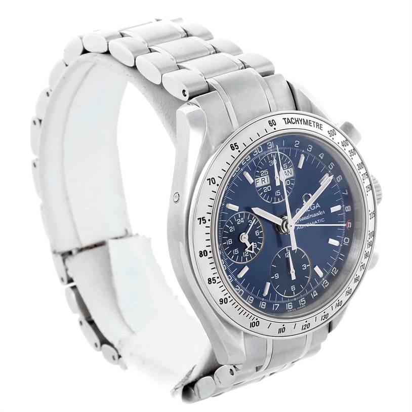 This is a side view of an Omega Speedmaster 3523.80.00 Men
s Stainless Steel Blue Dial 3523.80.00 Men
s Stainless Steel Blue Dial watch, showing the face, bezel, and bracelet.