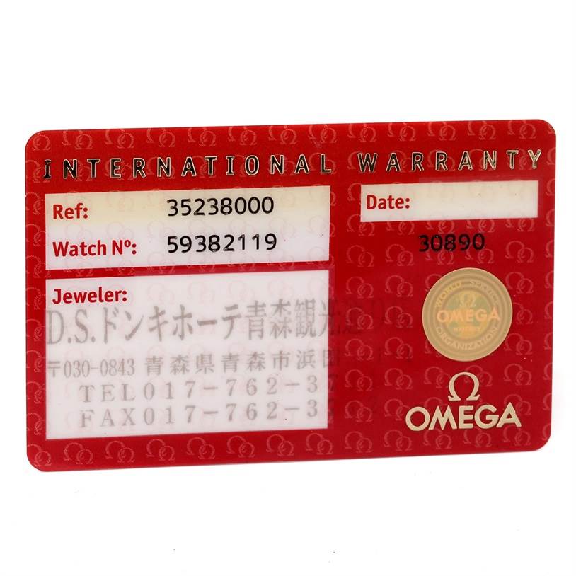 This is an Omega Speedmaster 3523.80.00 Men
s Stainless Steel Blue Dial 3523.80.00 Men
s Stainless Steel Blue Dial International Warranty card displaying watch reference number, serial number, and jeweler information.