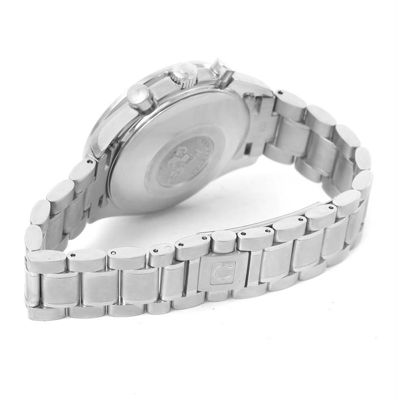 This image shows the back case and bracelet of an Omega Speedmaster 3523.80.00 Men
s Stainless Steel Blue Dial 3523.80.00 Men
s Stainless Steel Blue Dial watch from a rear angle.