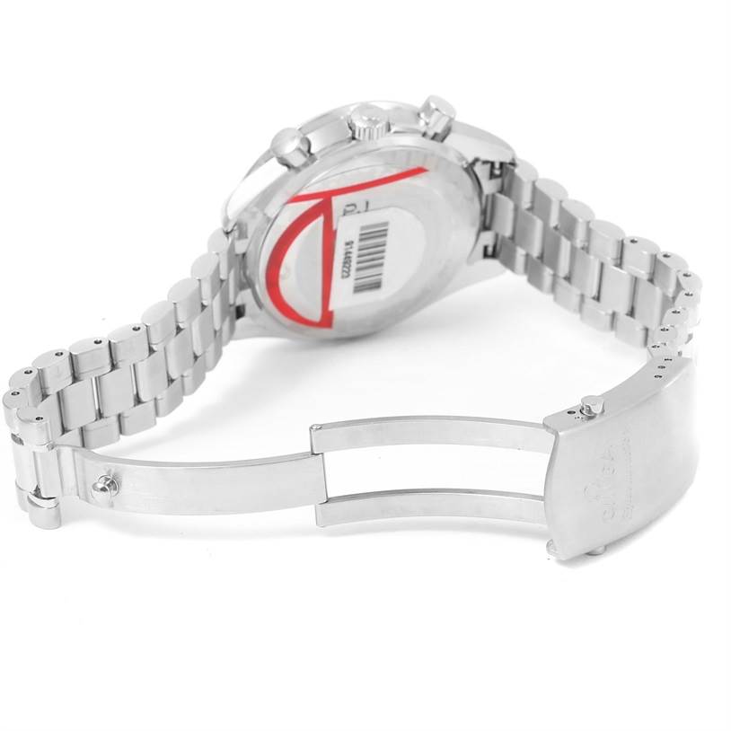 This image shows the back and partially open clasp of an Omega Speedmaster 3539.50.00 Men
s Stainless Steel Black Dial 3539.50.00 Men
s Stainless Steel Black Dial watch, highlighting its bracelet and case back.