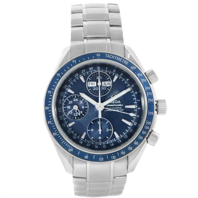 This image shows a front view of an Omega Speedmaster 3222.80.00 Men
s Stainless Steel Blue Dial 3222.80.00 Men
s Stainless Steel Blue Dial watch, displaying its face, bezel, and stainless steel bracelet.