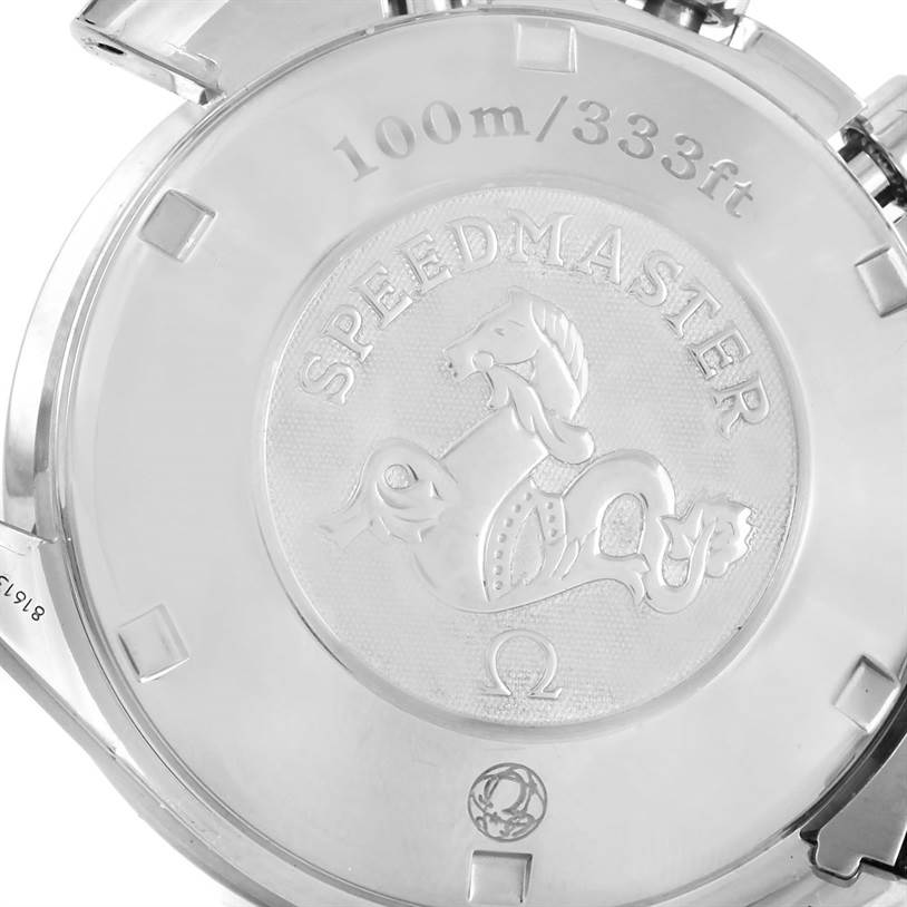 The image shows the back case of an Omega Speedmaster 3222.80.00 Men
s Stainless Steel Blue Dial 3222.80.00 Men
s Stainless Steel Blue Dial watch, highlighting the engraved design and water resistance markings.