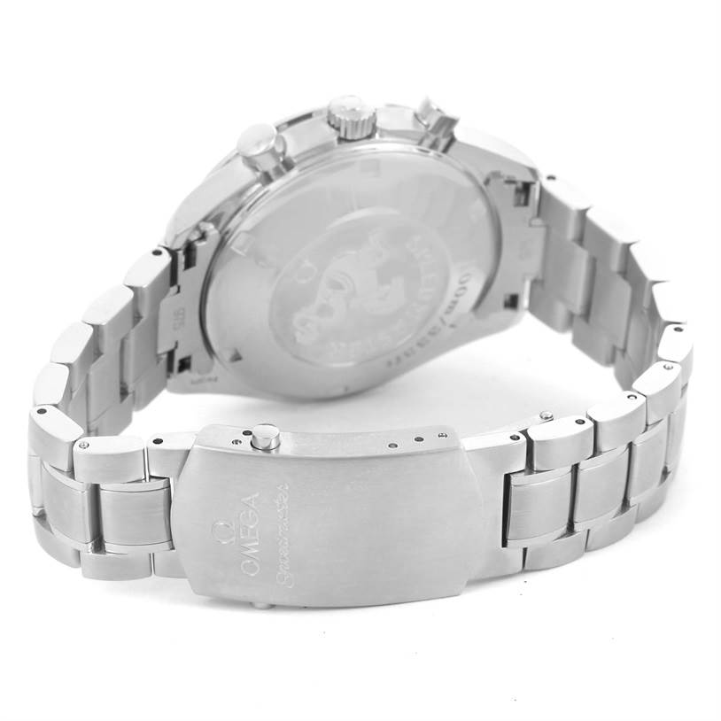 The image shows the back view of an Omega Speedmaster 3222.80.00 Men
s Stainless Steel Blue Dial 3222.80.00 Men
s Stainless Steel Blue Dial watch, focusing on the bracelet and clasp.