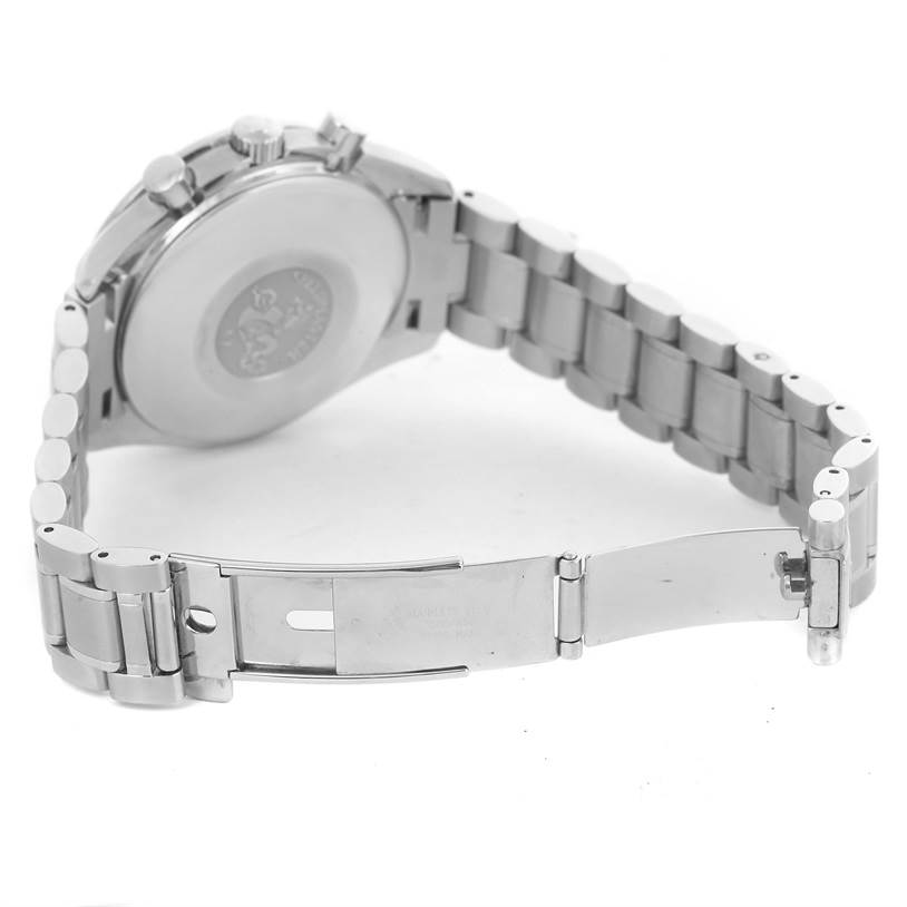 This image shows the back case and partially open bracelet clasp of an Omega Speedmaster 3523.80.00 Men
s Stainless Steel Blue Dial 3523.80.00 Men
s Stainless Steel Blue Dial watch from a rear angle.