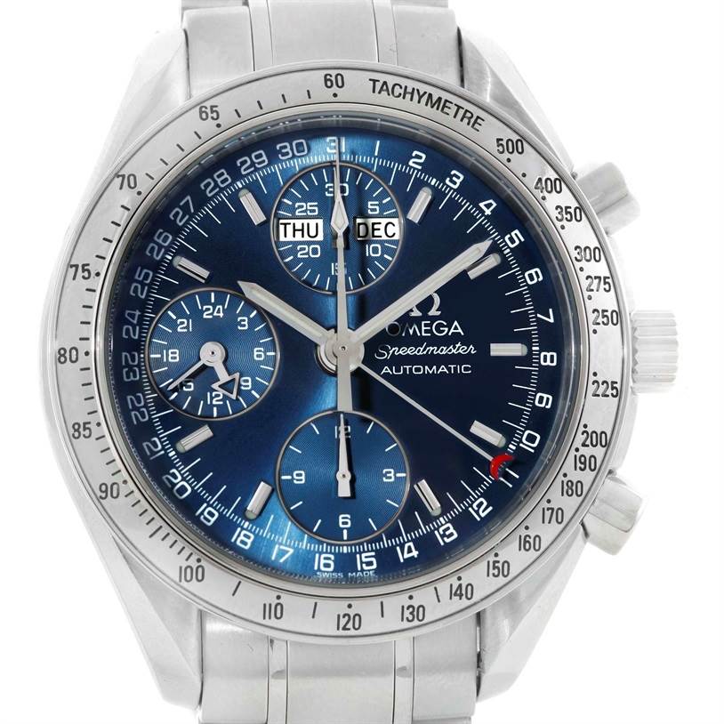 This image shows a front view of an Omega Speedmaster 3523.80.00 Men
s Stainless Steel Blue Dial 3523.80.00 Men
s Stainless Steel Blue Dial watch, displaying its blue dial, subdials, and tachymeter bezel.