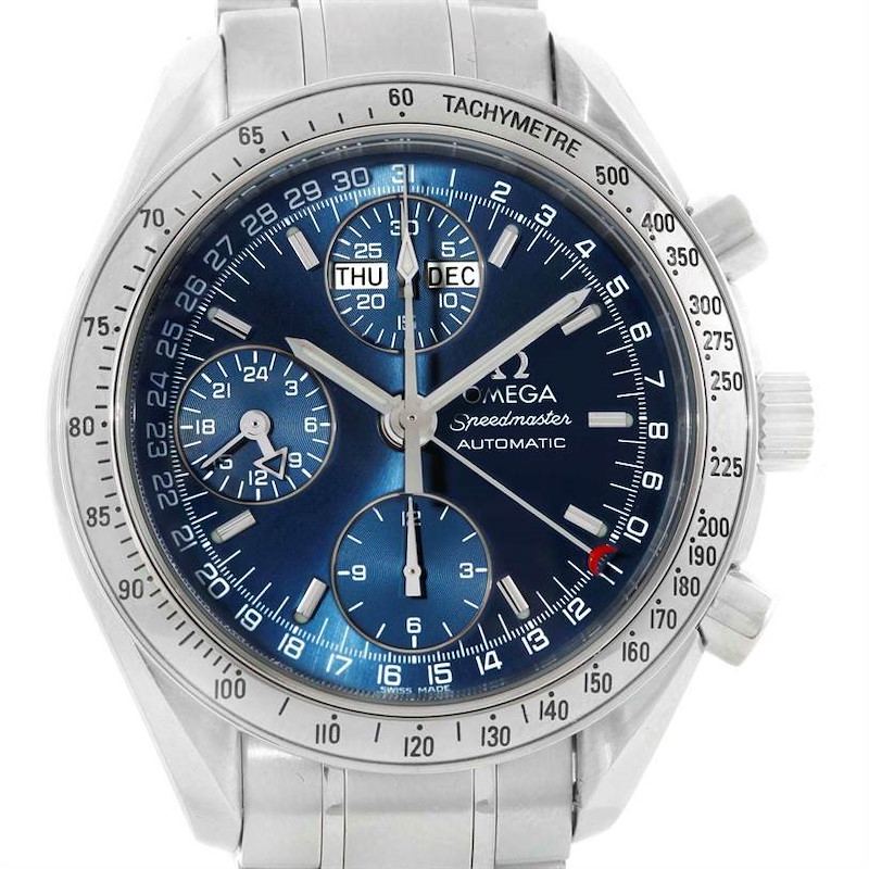 Mens Omega Speedmaster Day-Date Blue Dial Watch 3523.80.00 Papers SwissWatchExpo