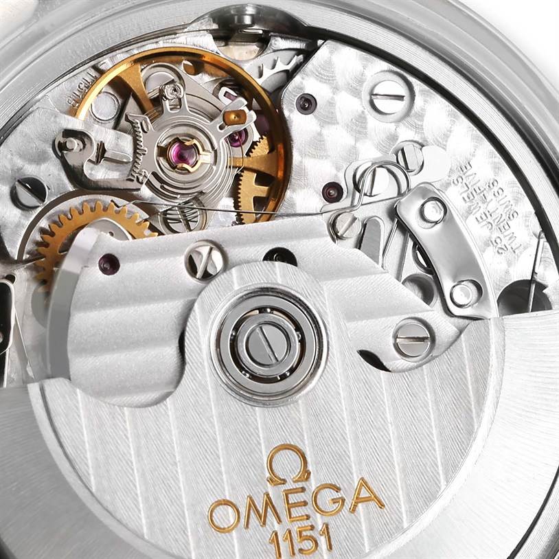 This image shows a close-up of the Omega Speedmaster 3523.80.00 Men
s Stainless Steel Blue Dial 3523.80.00 Men
s Stainless Steel Blue Dial
s internal movement, specifically the caliber 1151 mechanism.