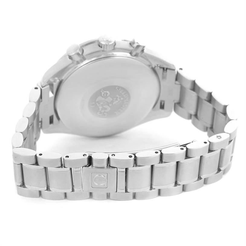 The image shows the back case and bracelet of an Omega Speedmaster 3523.80.00 Men
s Stainless Steel Blue Dial 3523.80.00 Men
s Stainless Steel Blue Dial watch at a tilted angle.