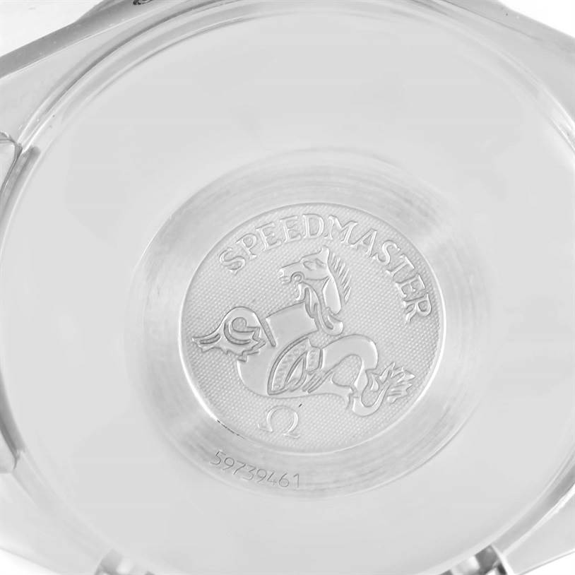 The image shows the engraved case back of an Omega Speedmaster 3523.80.00 Men
s Stainless Steel Blue Dial 3523.80.00 Men
s Stainless Steel Blue Dial watch.