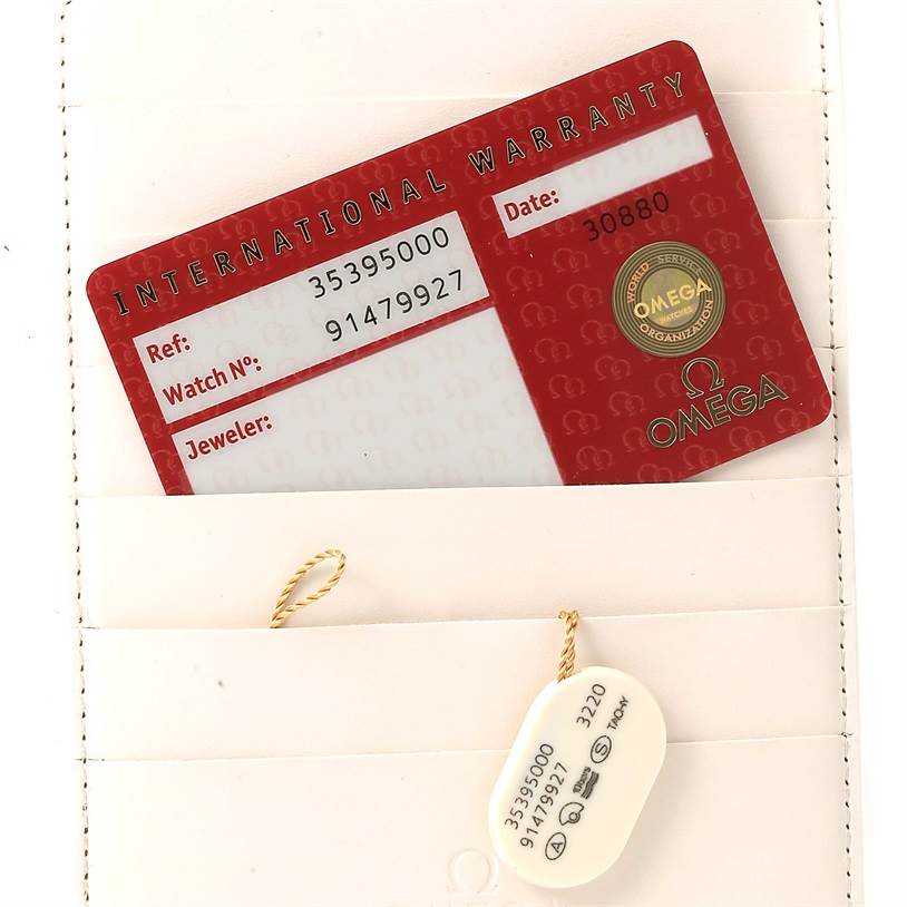 The image shows the international warranty card and a tag for the Omega Speedmaster 3539.50.00 Men's Stainless Steel Black Dial 3539.50.00 Men's Stainless Steel Black Dial watch.