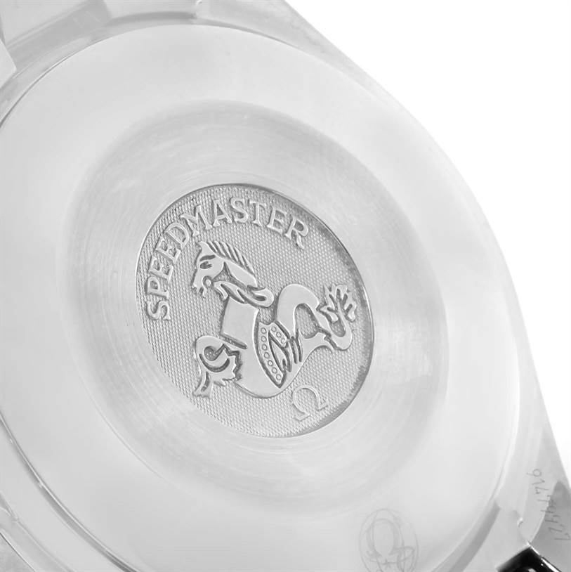 This image shows the back case of an Omega Speedmaster 3539.50.00 Men's Stainless Steel Black Dial 3539.50.00 Men's Stainless Steel Black Dial watch, highlighting the engraved logo and model name.