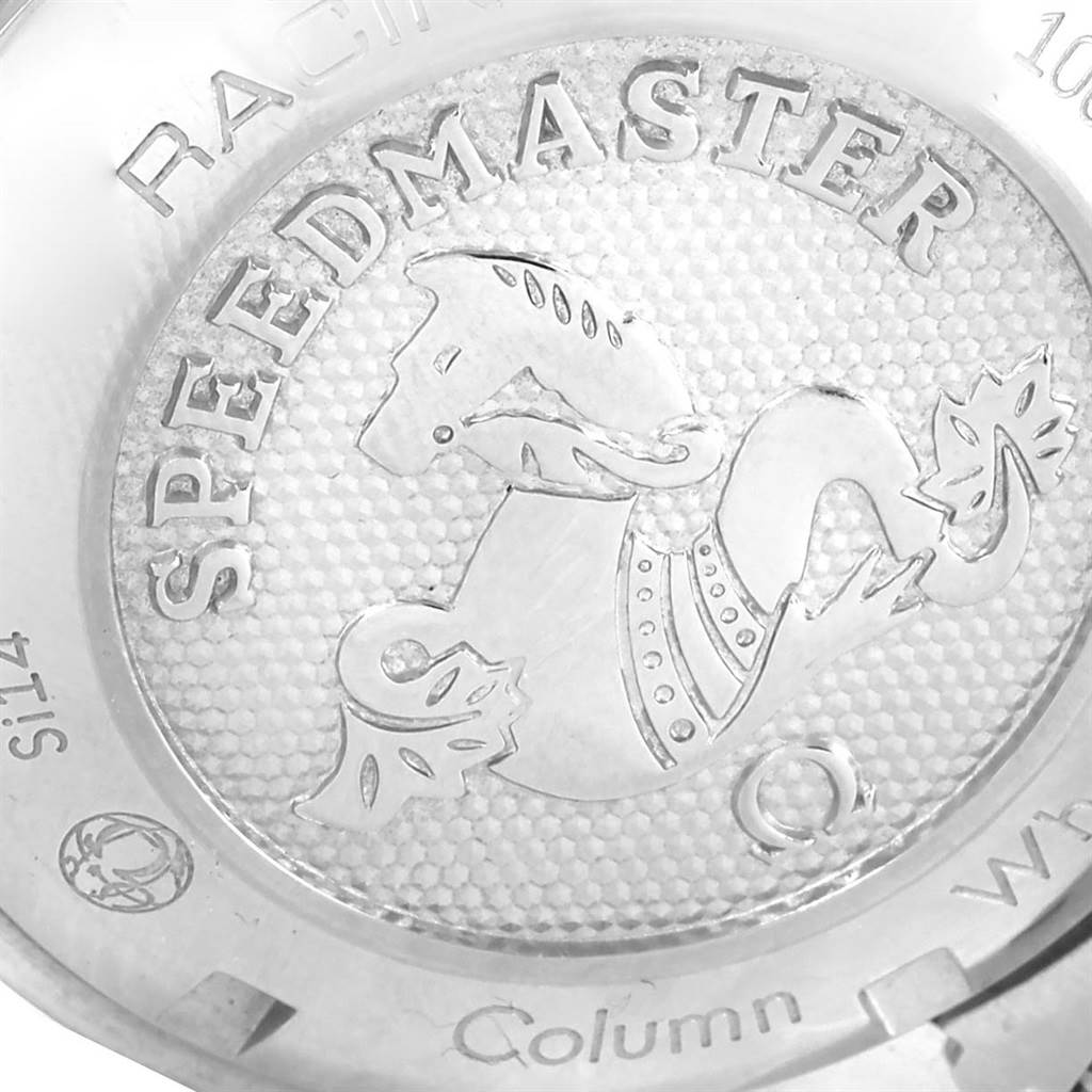 The image shows a close-up of the case back of an Omega Speedmaster 326.30.40.50.06.001 Men
s Stainless Steel Grey Dial 326.30.40.50.06.001 Men
s Stainless Steel Grey Dial watch, displaying the engraved Speedmaster logo and text.