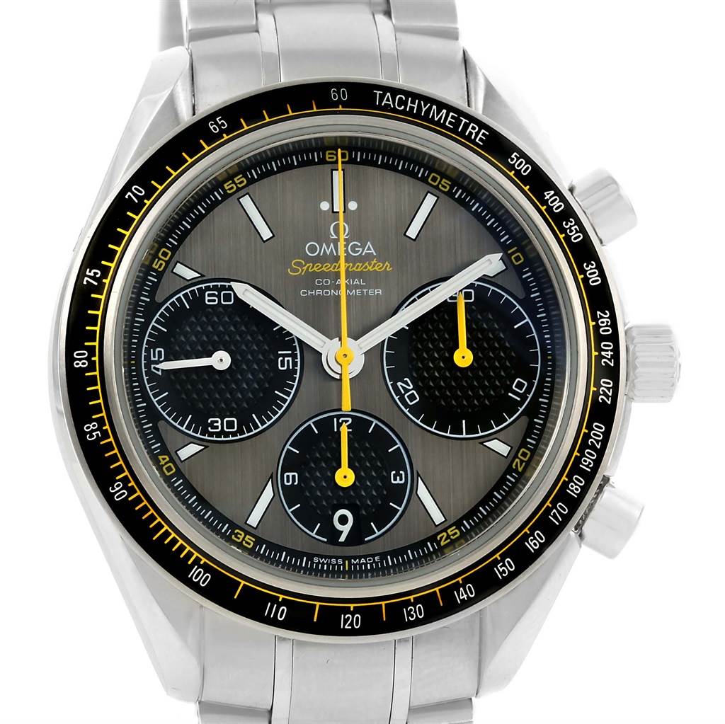 The image shows a front view of an Omega Speedmaster 326.30.40.50.06.001 Men
s Stainless Steel Grey Dial 326.30.40.50.06.001 Men
s Stainless Steel Grey Dial watch, highlighting its face, subdials, and tachymeter bezel.