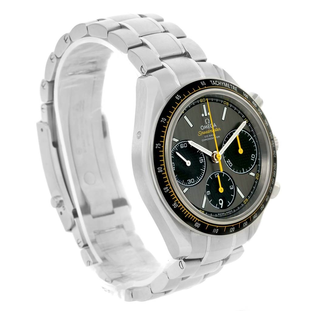 The Omega Speedmaster 326.30.40.50.06.001 Men
s Stainless Steel Grey Dial 326.30.40.50.06.001 Men
s Stainless Steel Grey Dial watch is shown at a three-quarter angle, highlighting the face, tachymeter, and metal bracelet.