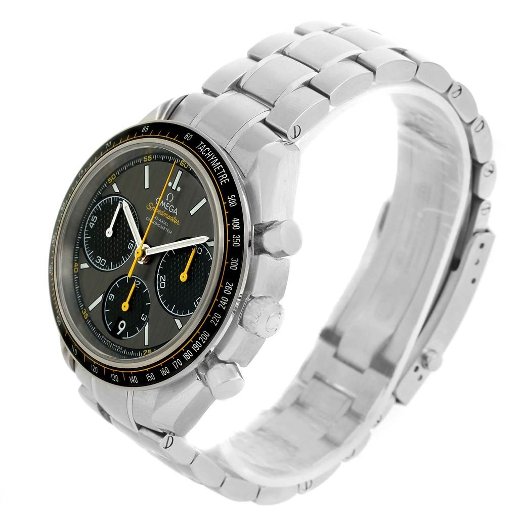 The image shows an Omega Speedmaster 326.30.40.50.06.001 Men
s Stainless Steel Grey Dial 326.30.40.50.06.001 Men
s Stainless Steel Grey Dial watch at a three-quarter angle, displaying its stainless steel bracelet, bezel, and chronograph dials.