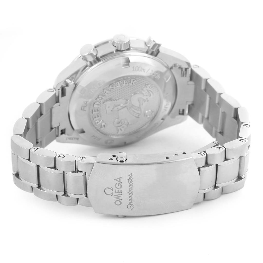 The image shows the back case and clasp of an Omega Speedmaster 326.30.40.50.06.001 Men
s Stainless Steel Grey Dial 326.30.40.50.06.001 Men
s Stainless Steel Grey Dial watch, highlighting the bracelet and engravings.