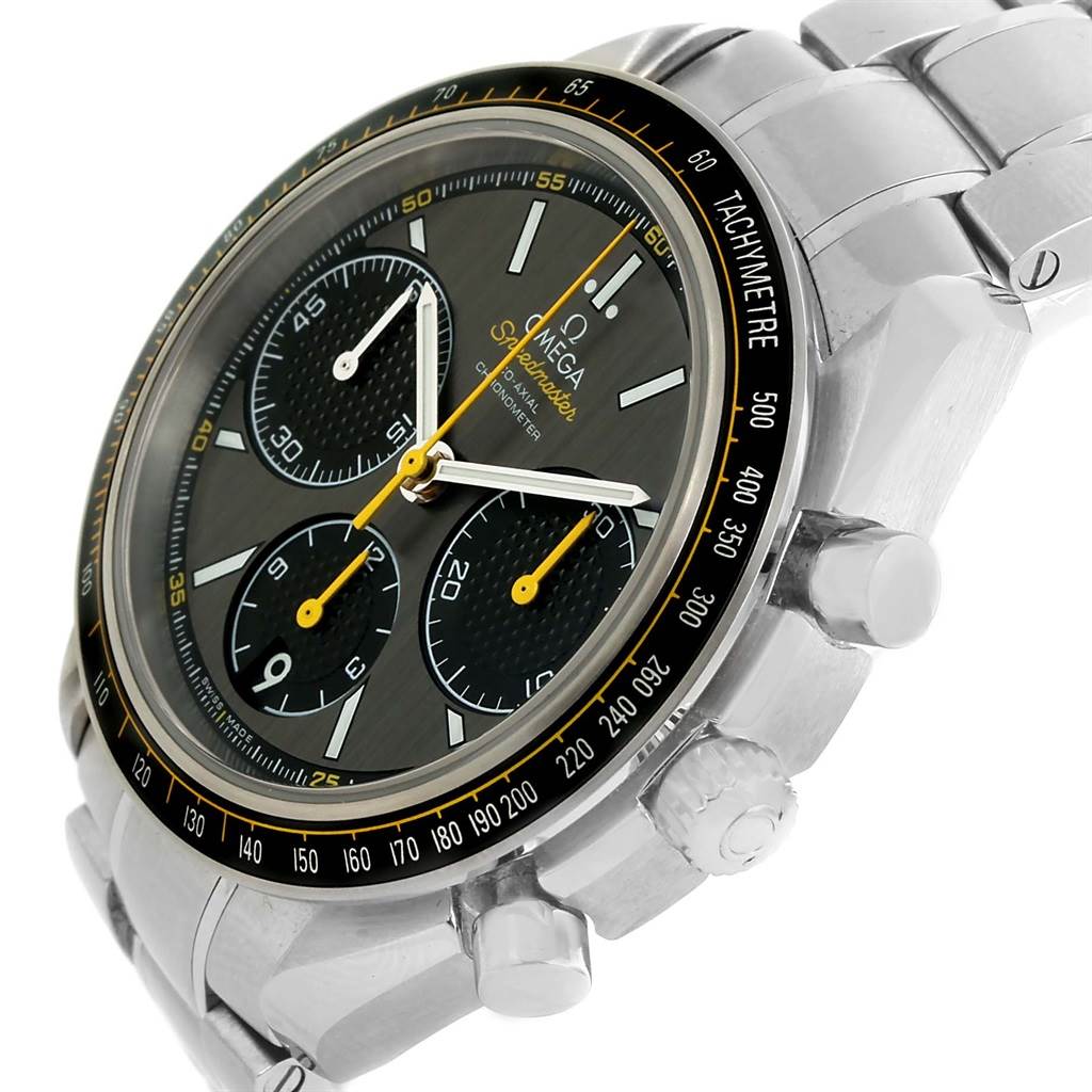 The Omega Speedmaster 326.30.40.50.06.001 Men
s Stainless Steel Grey Dial 326.30.40.50.06.001 Men
s Stainless Steel Grey Dial watch is shown at an angled close-up emphasizing the face, tachymeter bezel, and part of its metal bracelet.