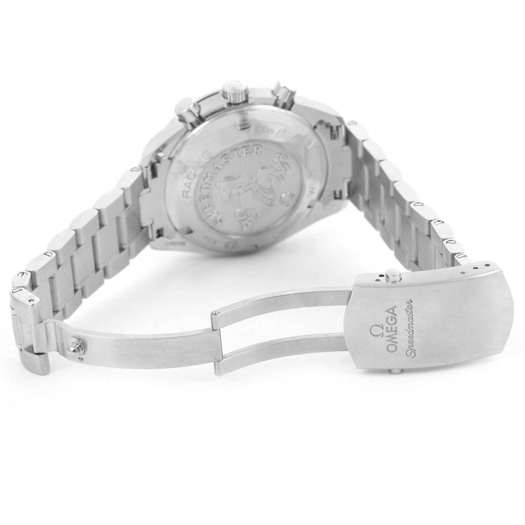 The image shows the back and clasp of an Omega Speedmaster 326.30.40.50.06.001 Men
s Stainless Steel Grey Dial 326.30.40.50.06.001 Men
s Stainless Steel Grey Dial watch, highlighting its bracelet and deployment clasp.