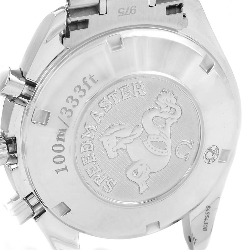 The image shows the back case of an Omega Speedmaster 3212.80.00 Men
s Stainless Steel Blue Dial 3212.80.00 Men
s Stainless Steel Blue Dial watch, highlighting the engraved branding and specifications.