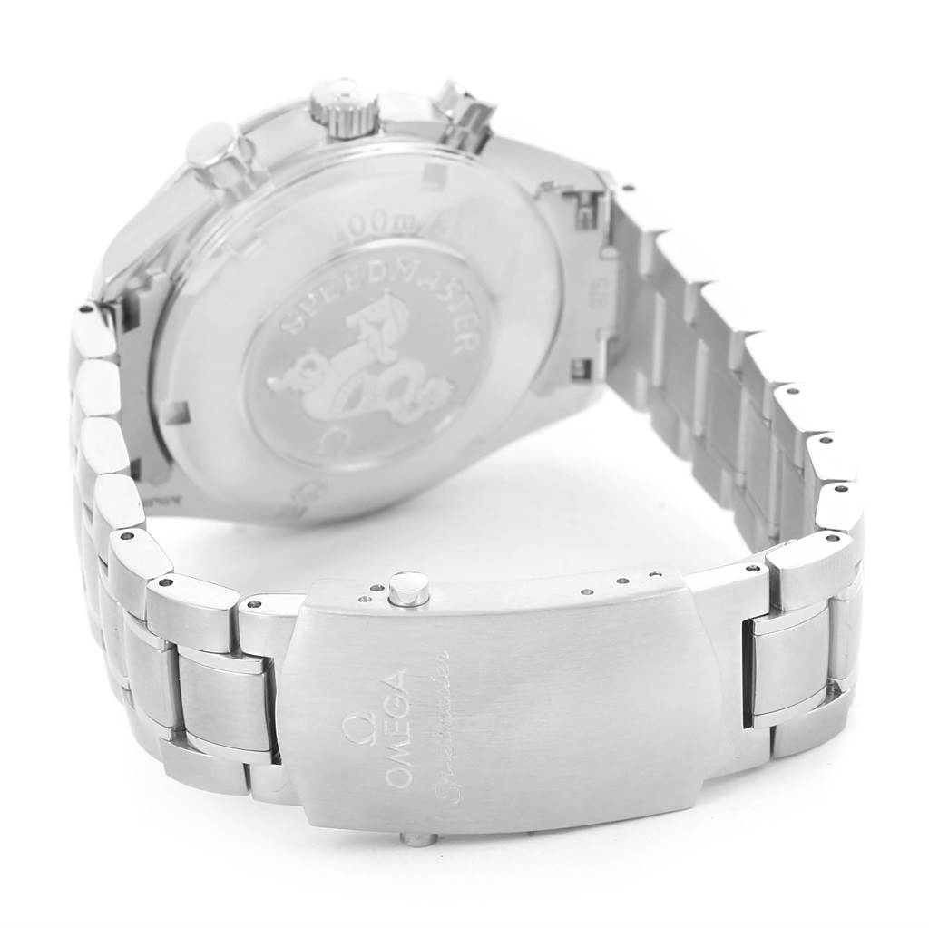 The image shows the back and clasp of an Omega Speedmaster 3212.80.00 Men
s Stainless Steel Blue Dial 3212.80.00 Men
s Stainless Steel Blue Dial watch with its metal bracelet and engraved case back visible.