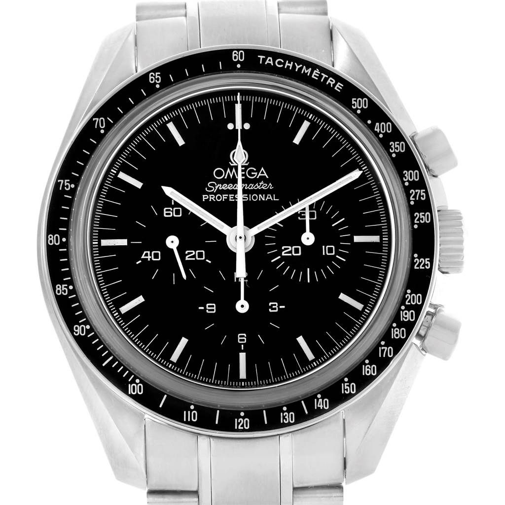 The image shows the front view of an Omega Speedmaster 3573.50.00 Men
s Stainless Steel Black Dial 3573.50.00 Men
s Stainless Steel Black Dial watch, displaying its black dial, tachymeter bezel, and stainless steel bracelet.