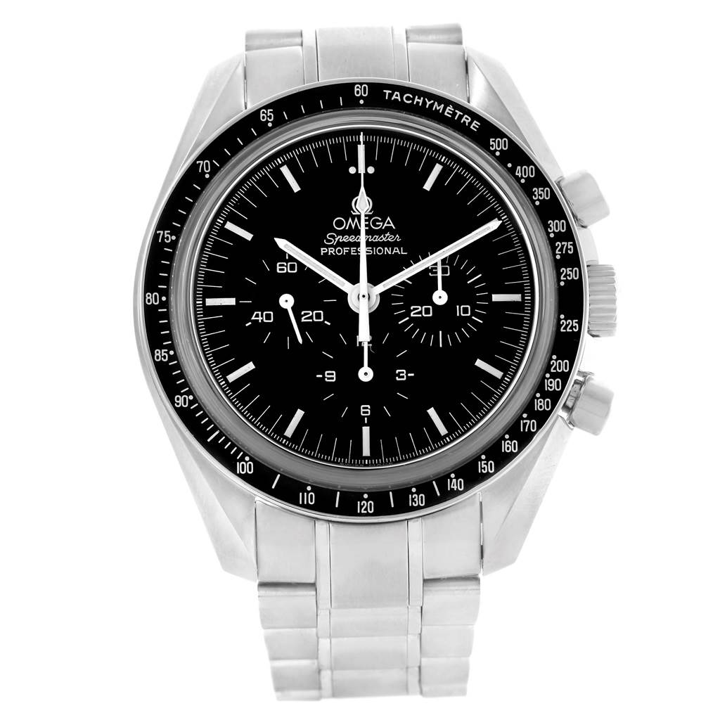 The image shows a front view of an Omega Speedmaster 3573.50.00 Men
s Stainless Steel Black Dial 3573.50.00 Men
s Stainless Steel Black Dial watch, highlighting its dial, bezel, and bracelet.